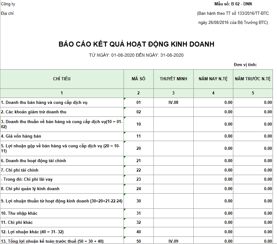 Mẫu báo cáo kết quả hoạt động kinh doanh ( Ngoại tệ ) theo TT 133