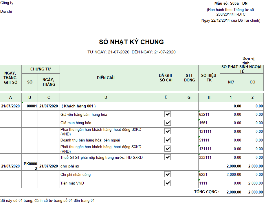 Mẫu sổ nhật ký chung theo TT200 ( Ngoại tệ)