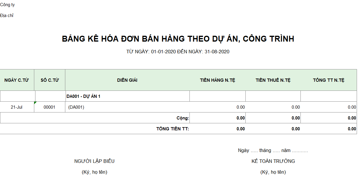 Mẫu bảng kê hóa đơn bán hàng theo dự án, công trình ( Ngoại tệ)