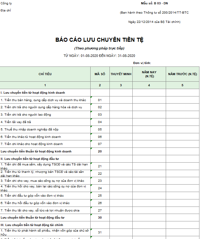 Mẫu báo cáo lưu chuyển tiền tệ ( Ngoại tệ ) theo PP trực tiếp - Theo TT 200