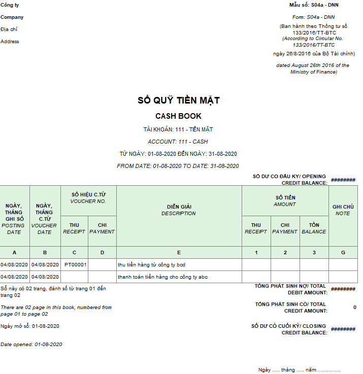 Mẫu sổ quỹ tiền mặt theo TT 133 ( Song ngữ)