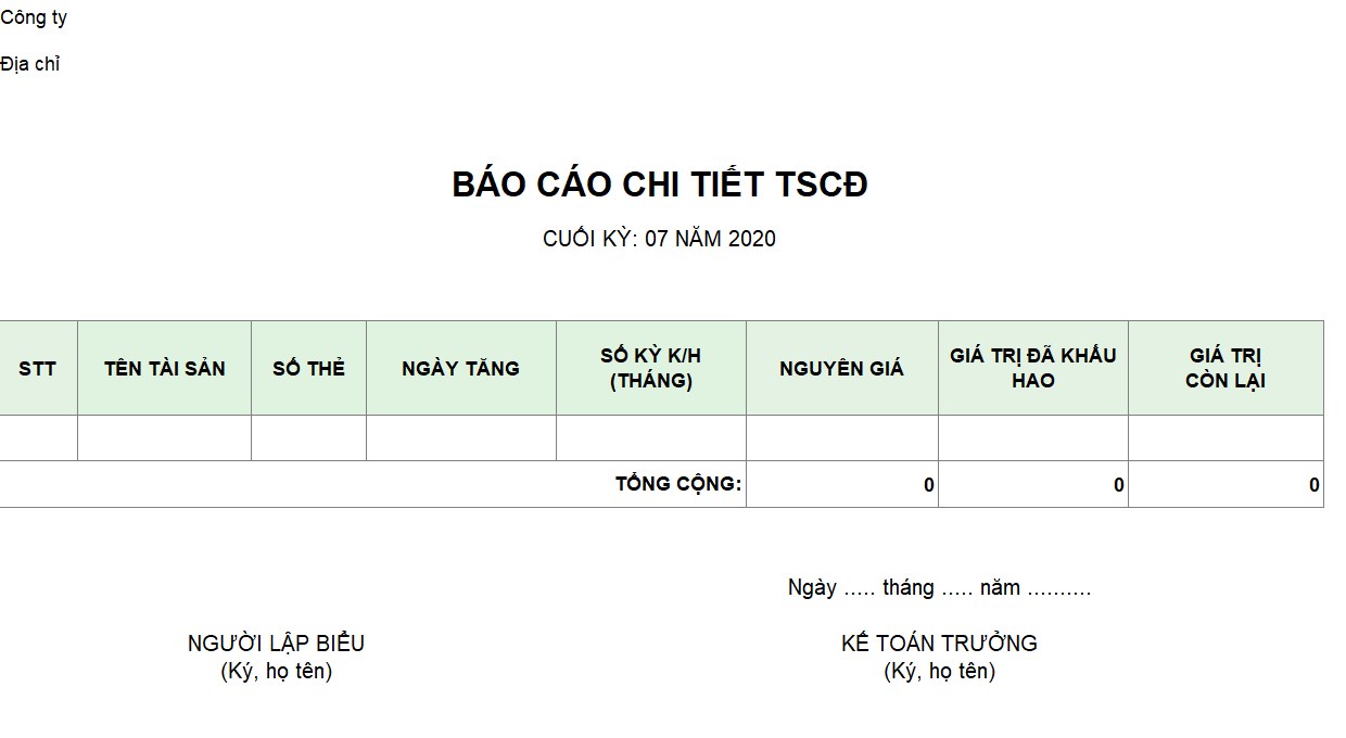 Mẫu báo cáo chi tiết TSCĐ