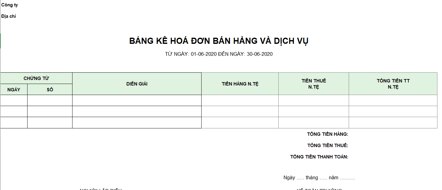 Mẫu bảng kê hóa đơn bán hàng và dịch vụ (Ngoại tệ)