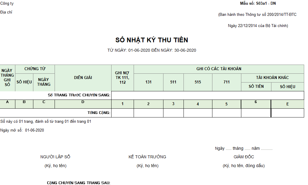 Mẫu sổ nhật ký thu tiền ( Ngoại tệ) theo TT200/2014/TT-BTC ngày 22/12/2014 của Bộ Tài chính