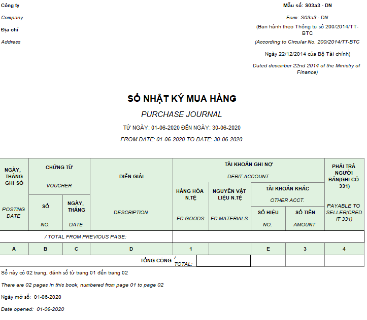 Mẫu sổ nhật ký mua hàng ( Song ngữ ) theo TT200/2014/TT-BTC