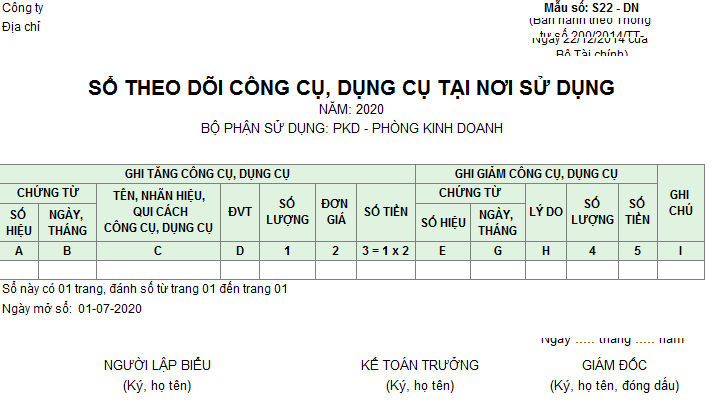 Mẫu sổ theo dõi CCDC tại nơi sử dụng theo TT 200