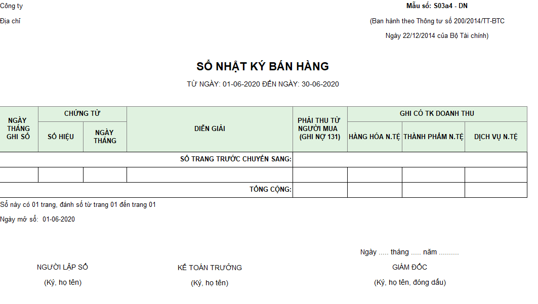 Mẫu sổ nhật ký bán hàng ( Ngoại tệ) theo TT200/2014/TT-BTC