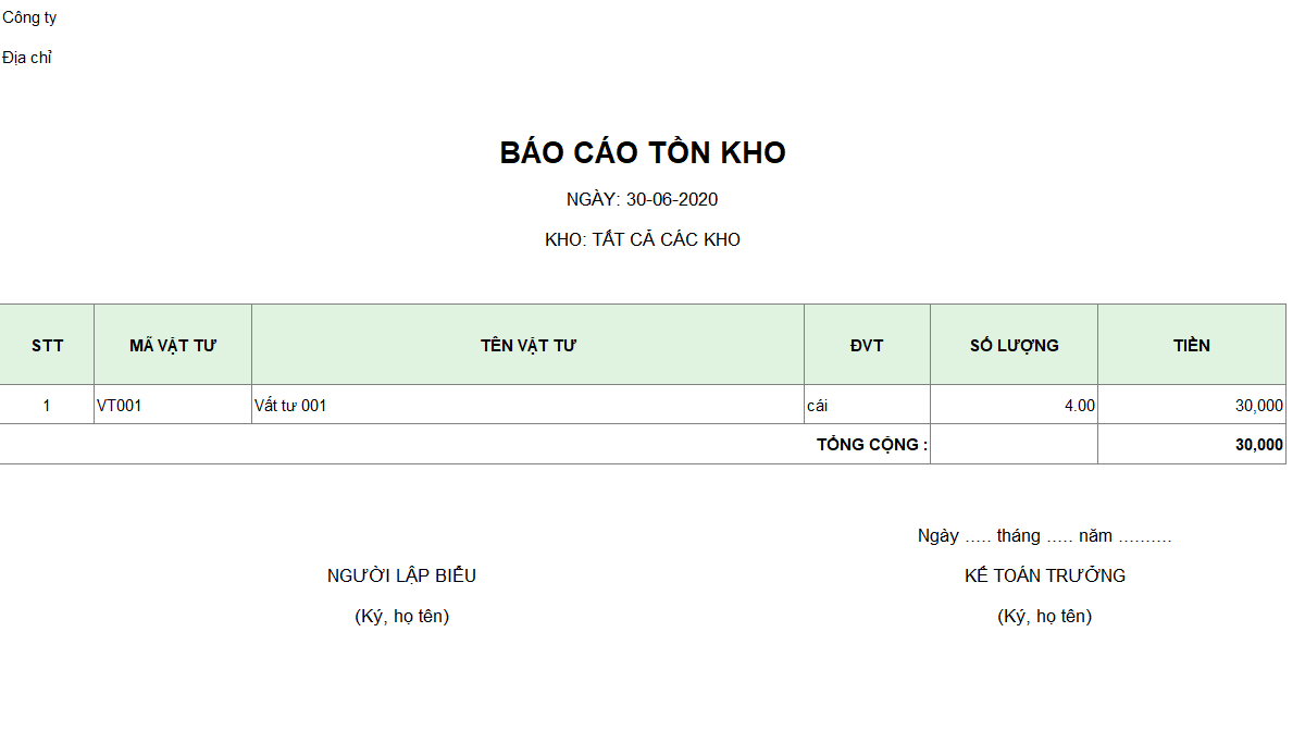 Mẫu báo cáo tồn kho