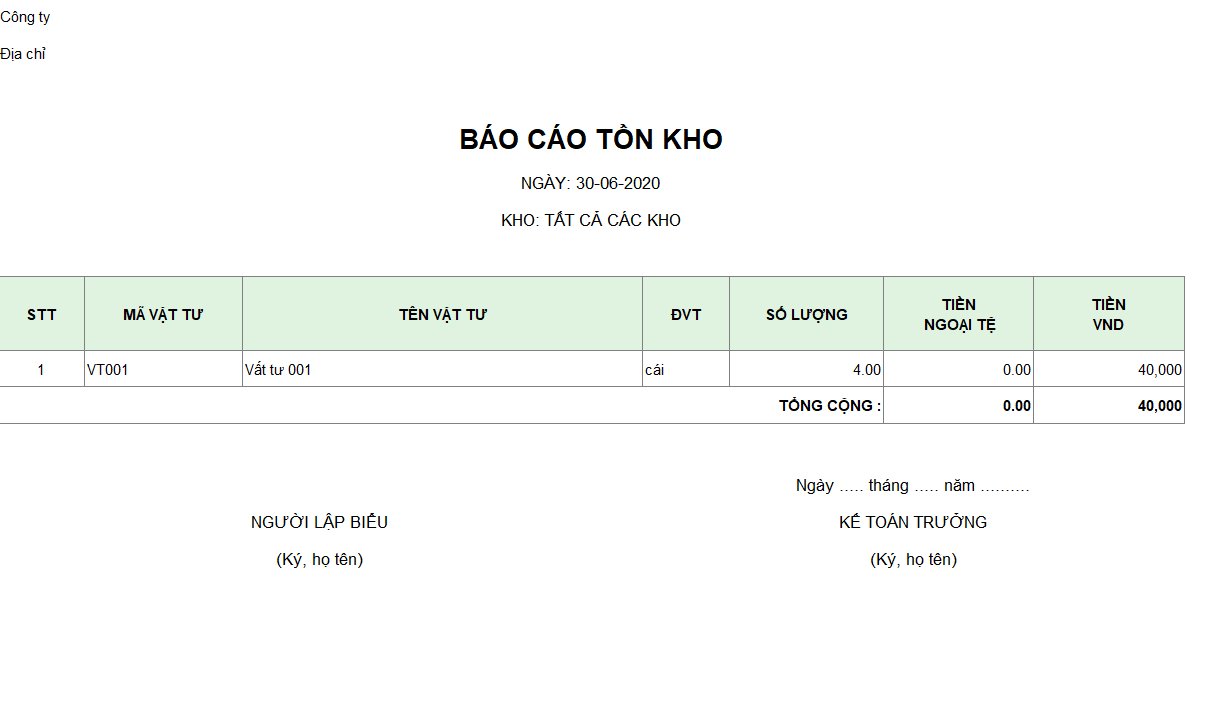 Mẫu báo cáo tồn kho ( Ngoại tệ )