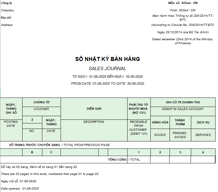 Mẫu sổ nhật ký bán hàng ( Song ngữ ) theo TT200/2014/TT-BTC