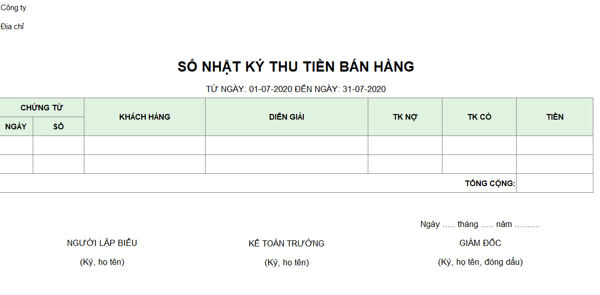 Mẫu sổ nhật ký thu tiền bán hàng