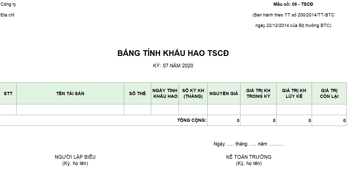 Mẫu bảng tính khấu hao TSCĐ theo TT 200