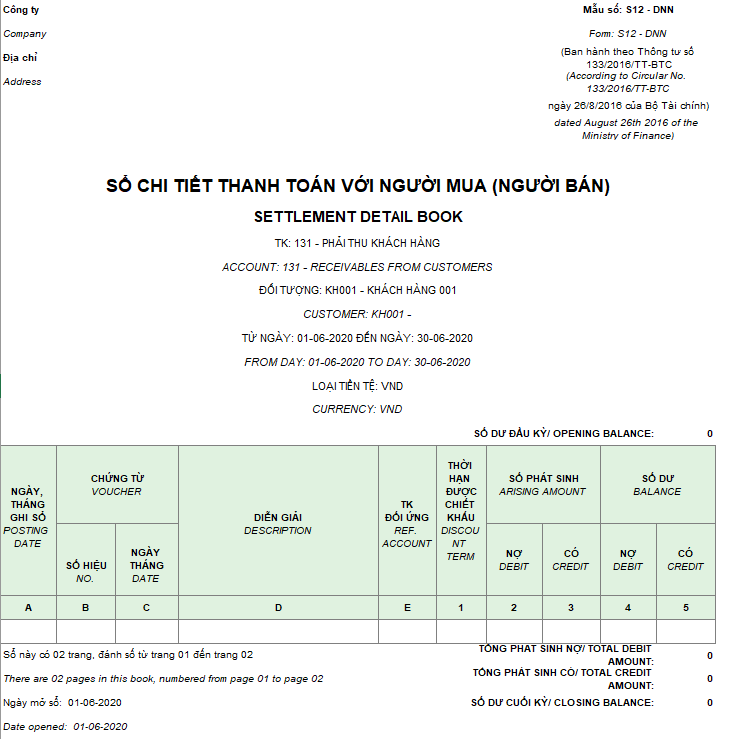 Mẫu sổ chi tiết thanh toán với người mua (người bán) ( Song ngữ) theo TT133/2016/TT-BTC