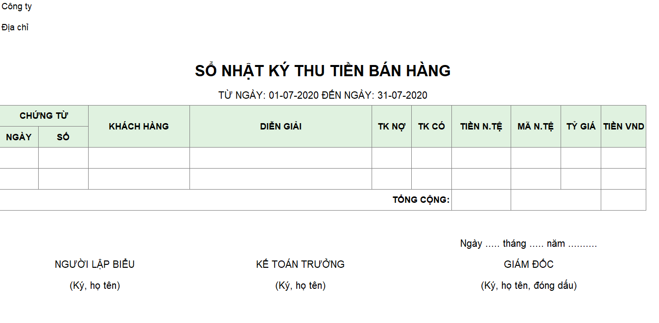 Mẫu sổ nhật ký thu tiền bán hàng ( Ngoại tệ)