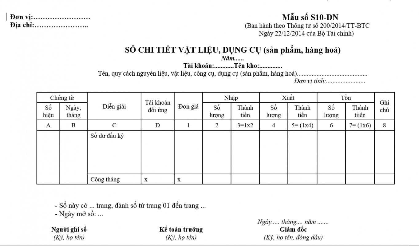 Mẫu sổ chi tiết vật liệu, dụng cụ, SP, hàng hóa S10-DN theo TT 200