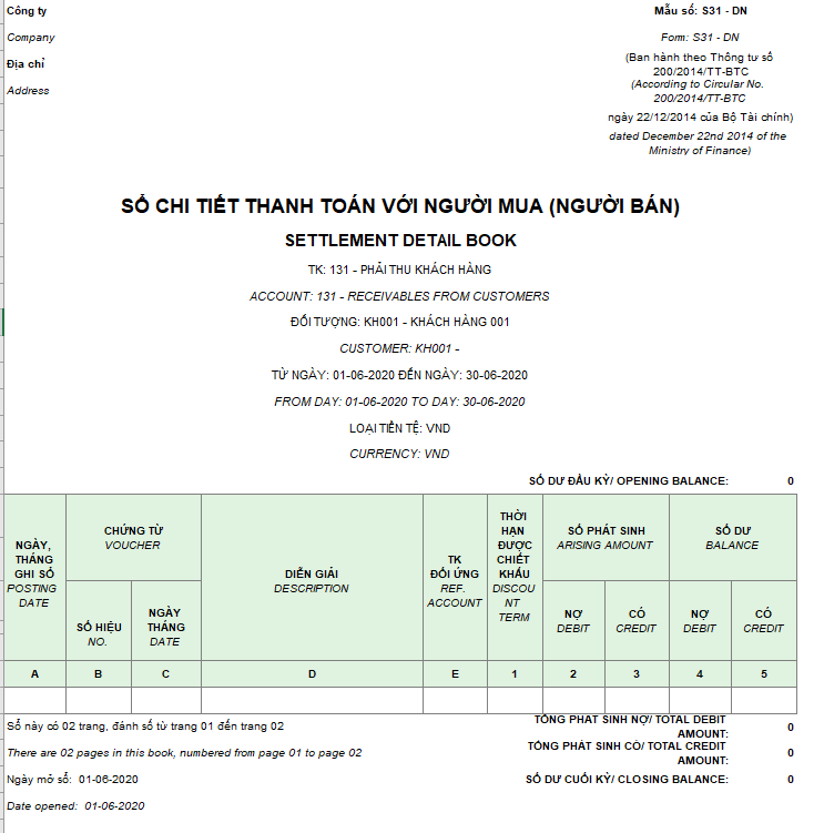 Mẫu sổ chi tiết thanh toán với người mua (người bán) ( Song ngữ) theo TT200/2014/TT-BTC
