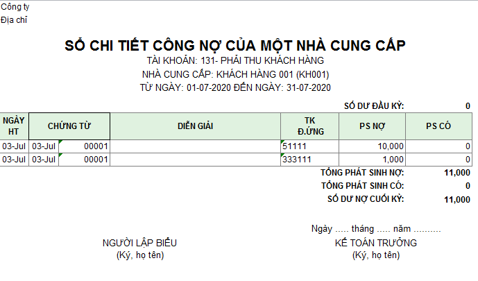 Mẫu sổ chi tiết công nợ của một nhà cung cấp