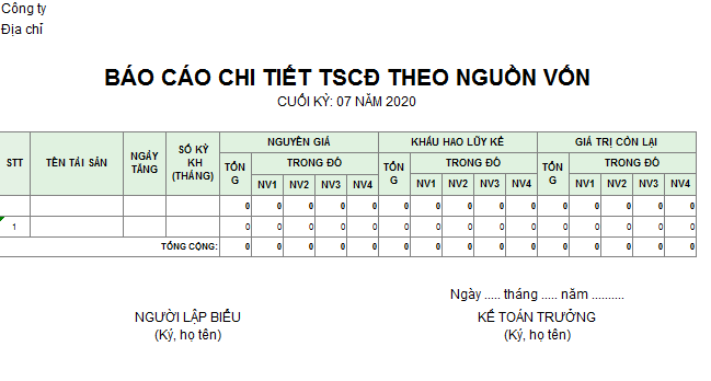 Mẫu báo cáo chi tiết TSCĐ theo nguồn vốn