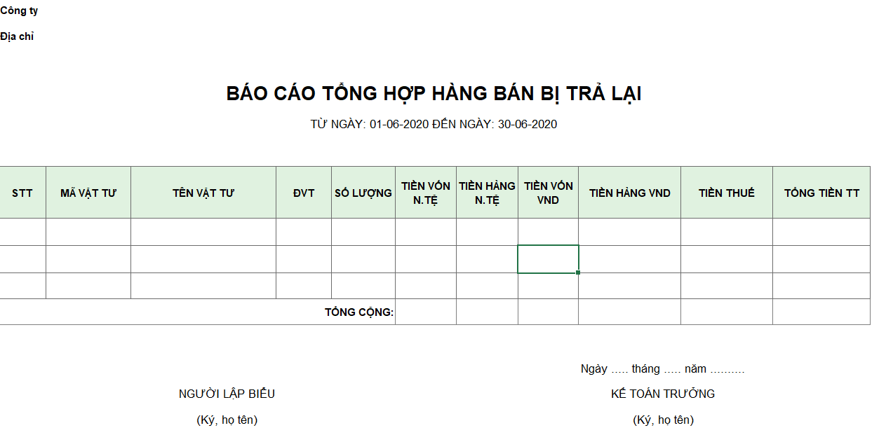 Mẫu báo cáo tổng hợp hàng bán bị trả lại ( Ngoại tệ )