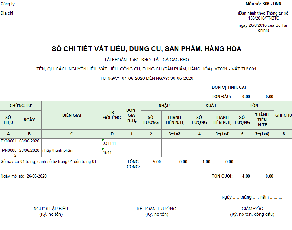 Mẫu sổ chi tiết vật liệu, dụng cụ, SP, hàng hóa ( Ngoại tệ ) S10-DN theo TT 133