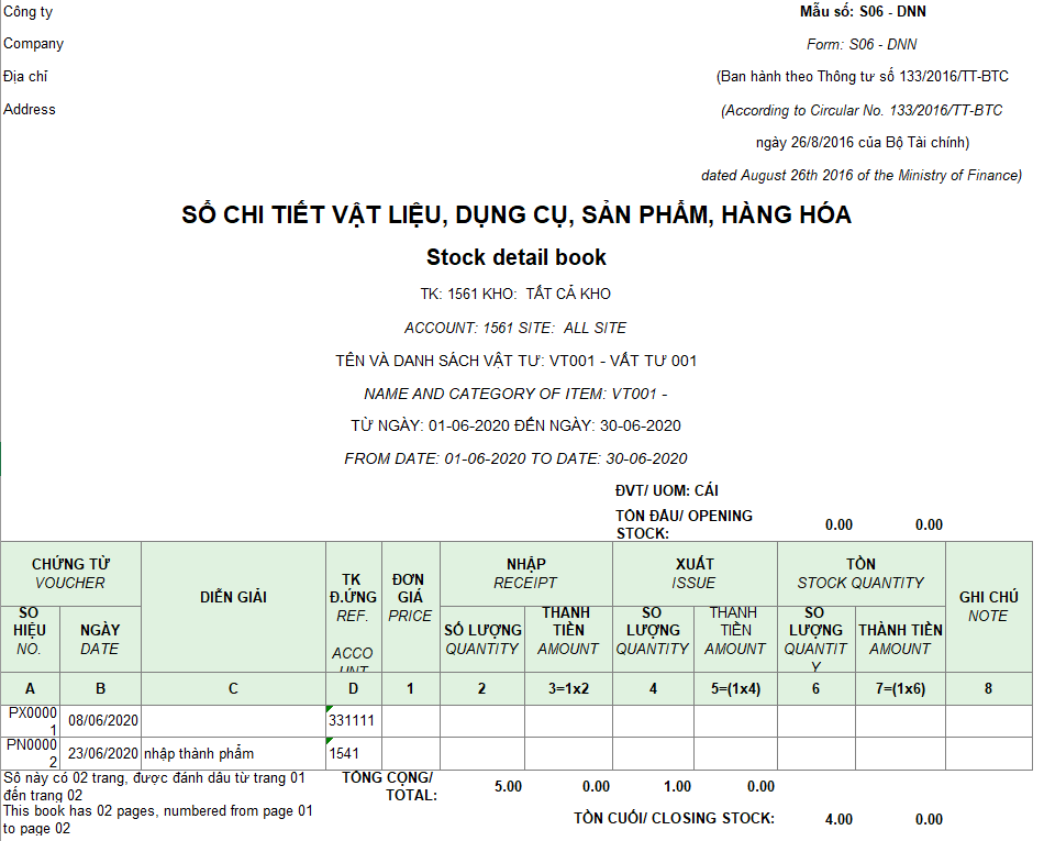 Mẫu sổ chi tiết vật liệu, dụng cụ, SP, hàng hóa ( Song ngữ - Ngoại tệ ) S10-DN theo TT 133