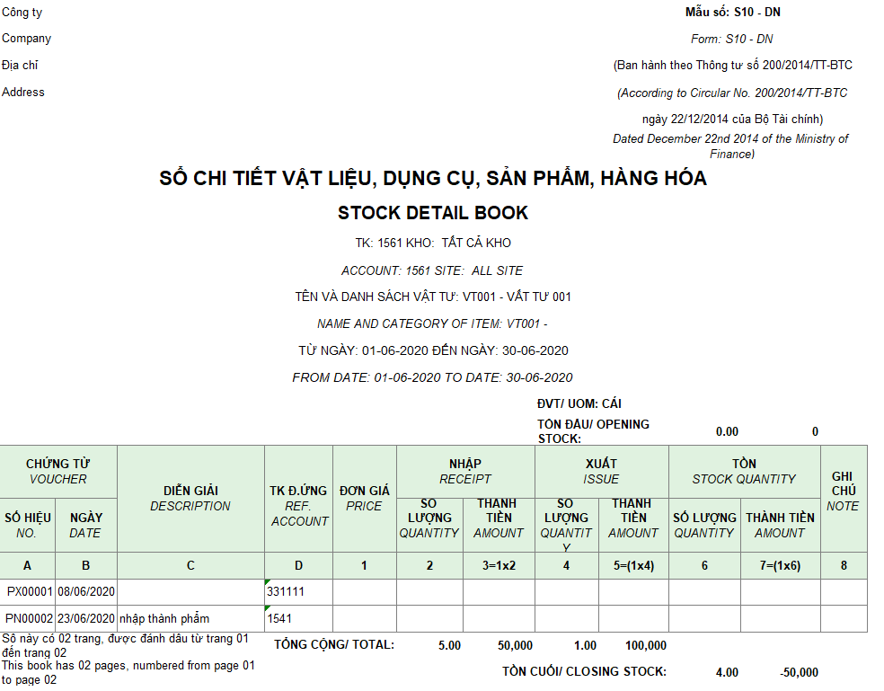 Mẫu sổ chi tiết vật liệu, dụng cụ, SP, hàng hóa ( Song ngữ) S10-DN theo TT 200