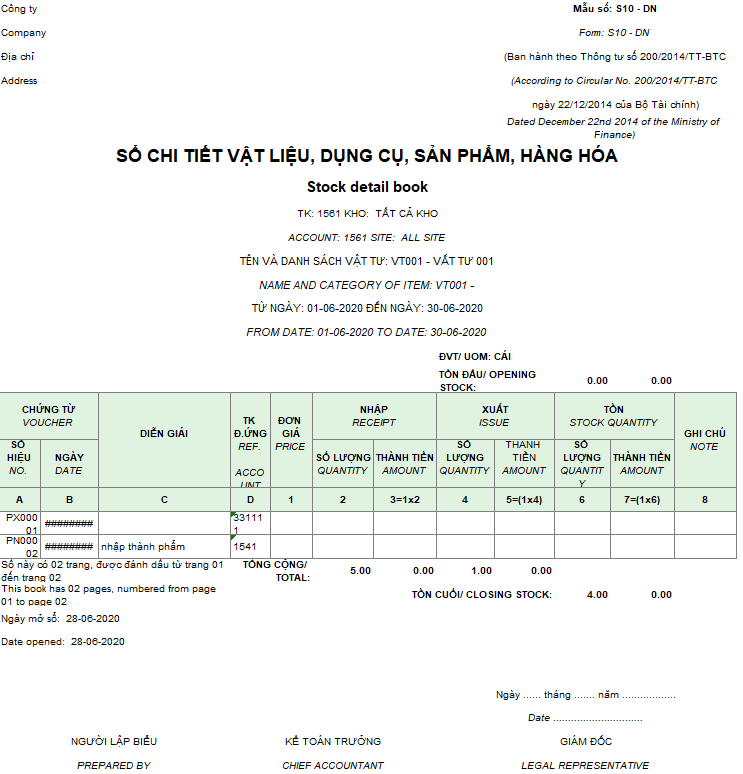 Mẫu sổ chi tiết vật liệu, dụng cụ, SP, hàng hóa ( Song ngữ - Ngoại tệ) S10-DN theo TT 200