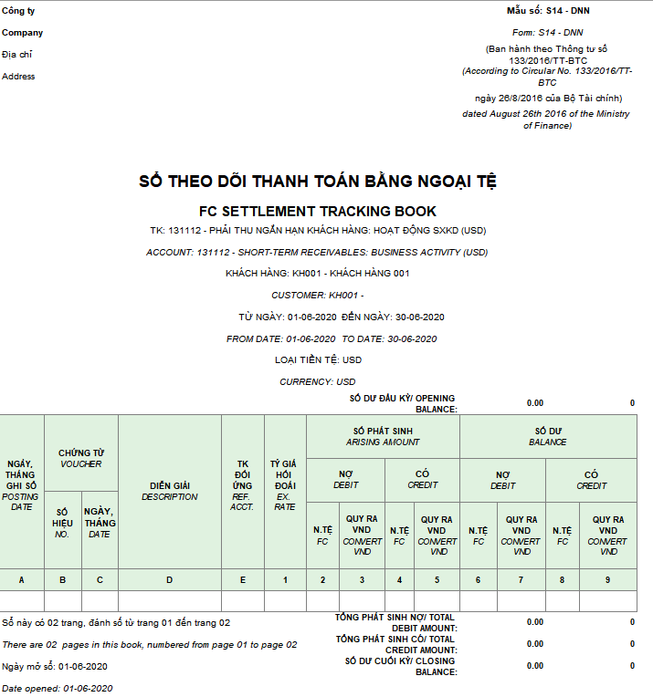 Mẫu Sổ theo dõi thanh toán bằng ngoại tệ ( Song ngữ) theo Thông tư 133/2016/TT-BTC