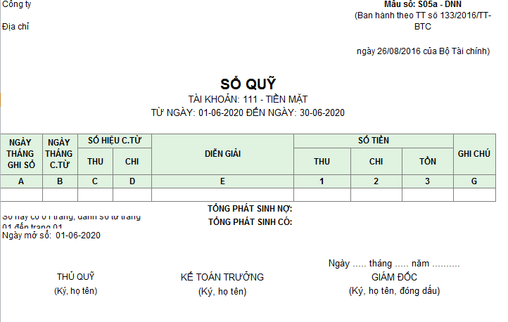Mẫu sổ quỹ tiền mặt ( Ngoại tệ) theo TT133/2016/TT-BTC ngày 26/08/2016 của Bộ Tài chính