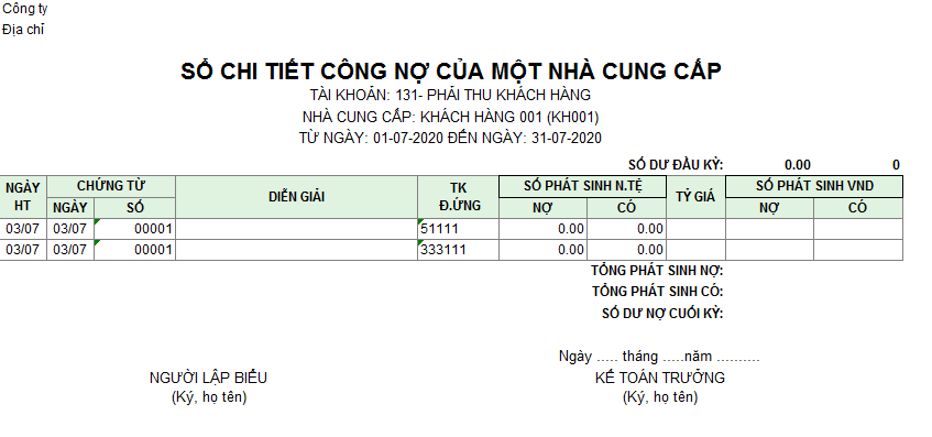 Mẫu sổ chi tiết công nợ của một nhà cung cấp ( Ngoại tệ)
