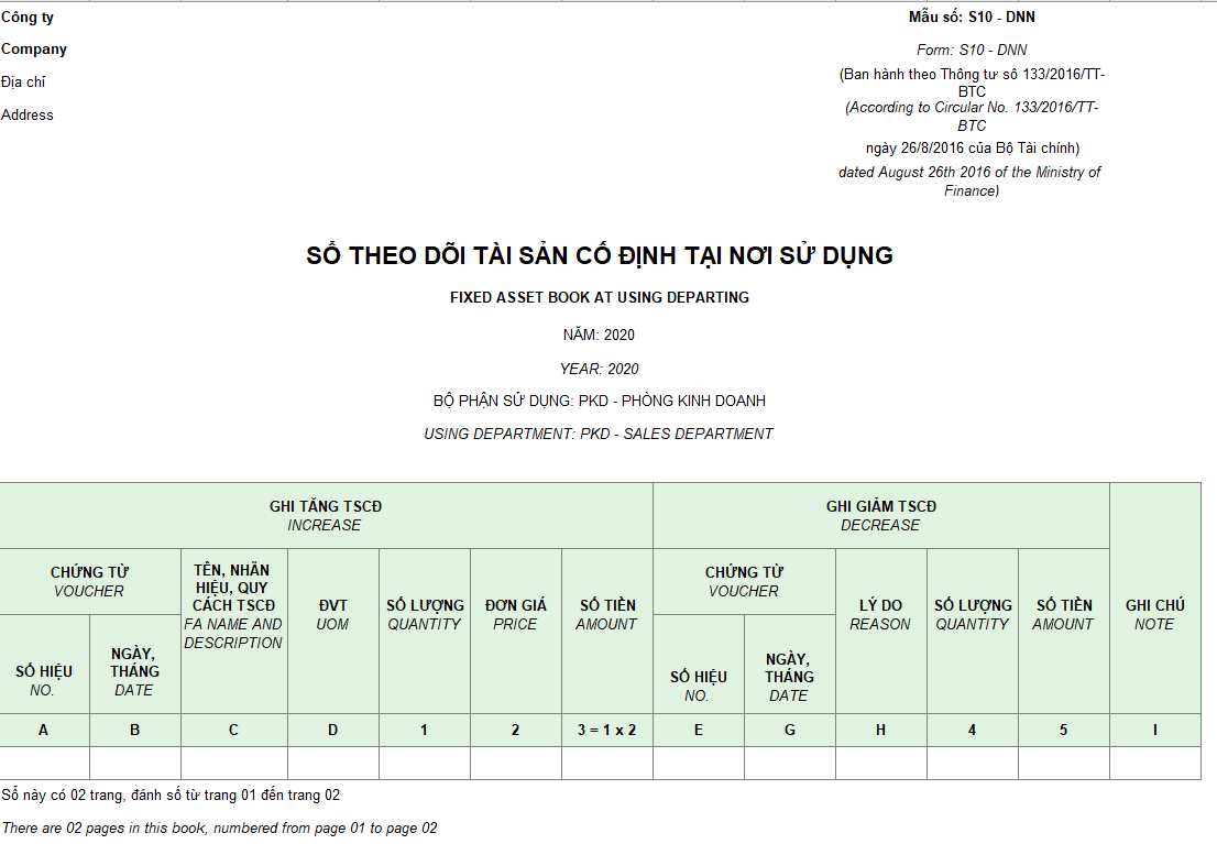 Mẫu sổ theo dõi TSCĐ tại nơi sử dụng theo TT 133 ( Song ngữ)
