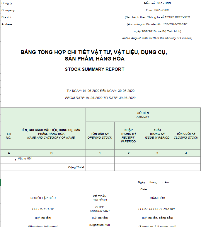 Mẫu bảng tổng hợp chi tiết vật liệu, dụng cụ, SP, hàng hóa ( Song ngữ ) theo TT 133
