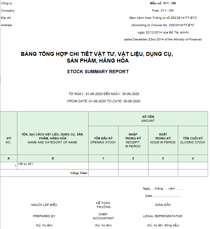 Mẫu bảng tổng hợp chi tiết vật liệu, dụng cụ, SP, hàng hóa ( Song ngữ ) theo TT 200