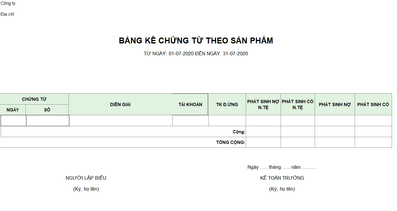 Mẫu bảng kê chứng từ theo sản phẩm ( Ngoại tệ)