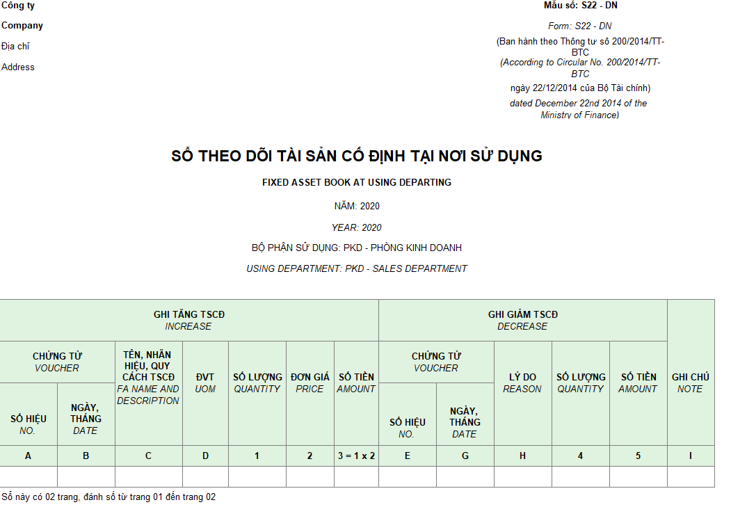 Mẫu sổ theo dõi TSCĐ tại nơi sử dụng theo TT 200 ( Song ngữ)