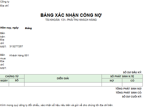 Bản xác nhận công nợ ( Ngoại tệ)