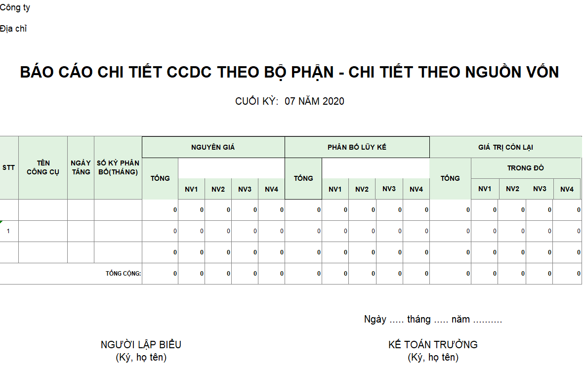 Mẫu báo cáo chi tiết tăng CCDC theo bộ phận - chi tiết theo nguồn vốn