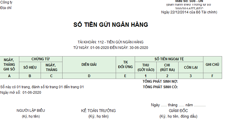Mẫu sổ tiền gửi ngân hàng ( Ngoại tệ)theo TT200/2014/TT-BTC ngày 22/12/2014 của Bộ Tài chính