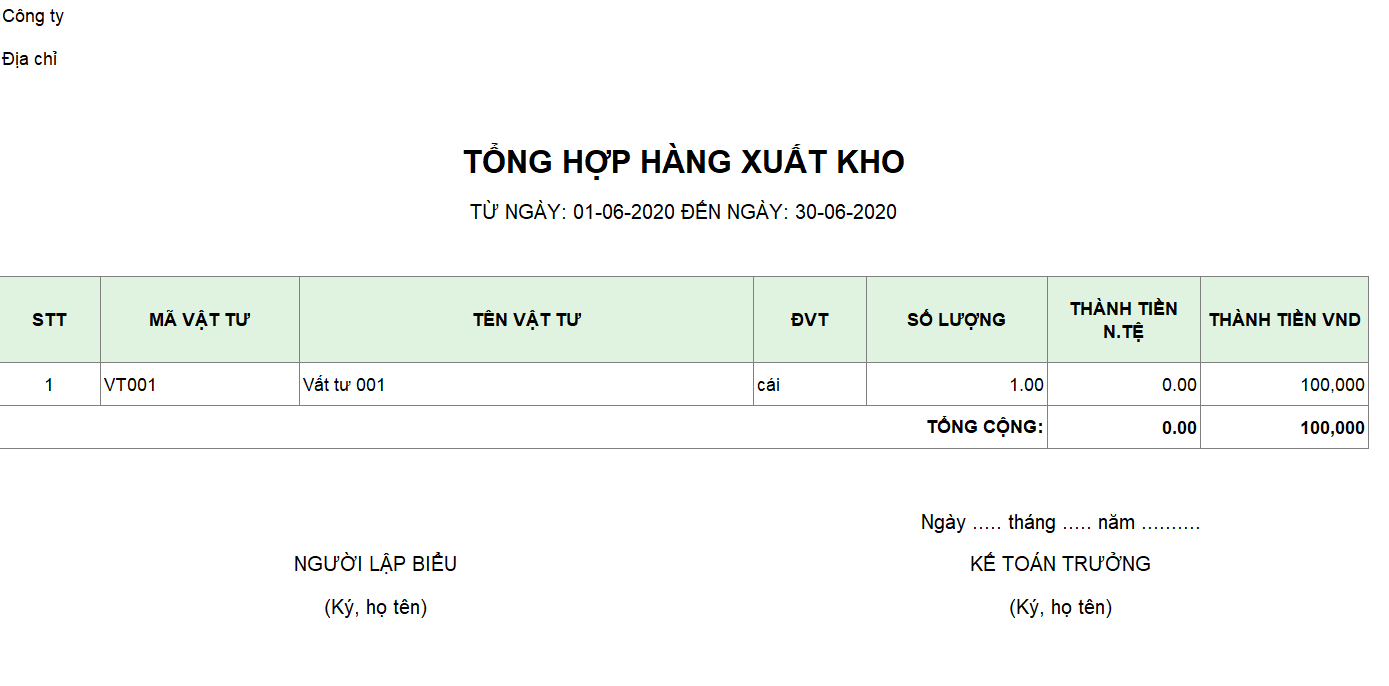 Mẫu tổng hợp hàng xuất kho ( Ngoại tệ)