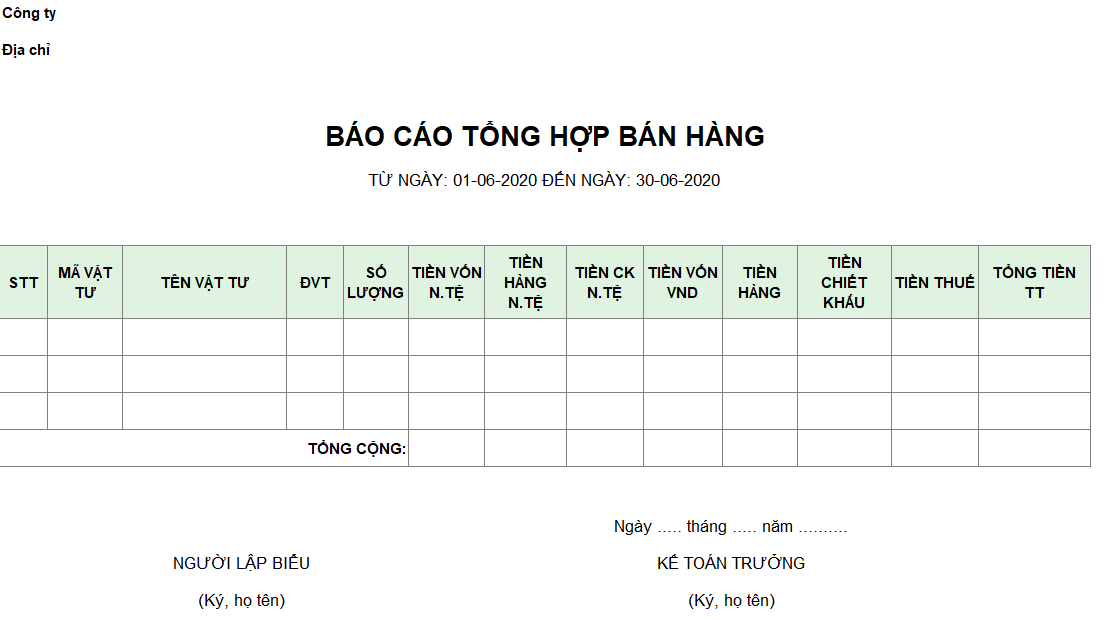 Mẫu báo cáo tổng hợp bán hàng - Ngoại tệ