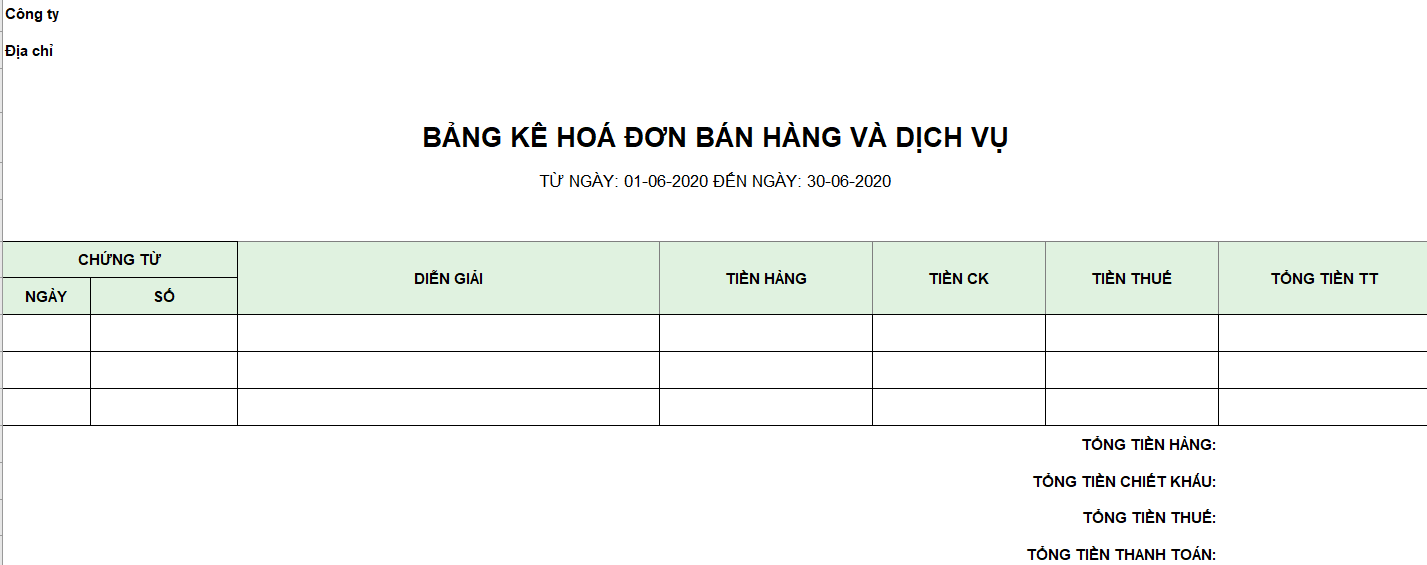 Mẫu bảng kê hóa đơn bán hàng và dịch vụ