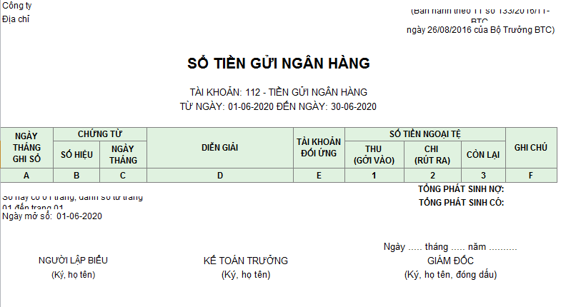 Mẫu sổ tiền gửi ngân hàng ( Ngoại tệ) theo TT133/2016/TT-BTC ngày 26/08/2016 của Bộ Tài chính