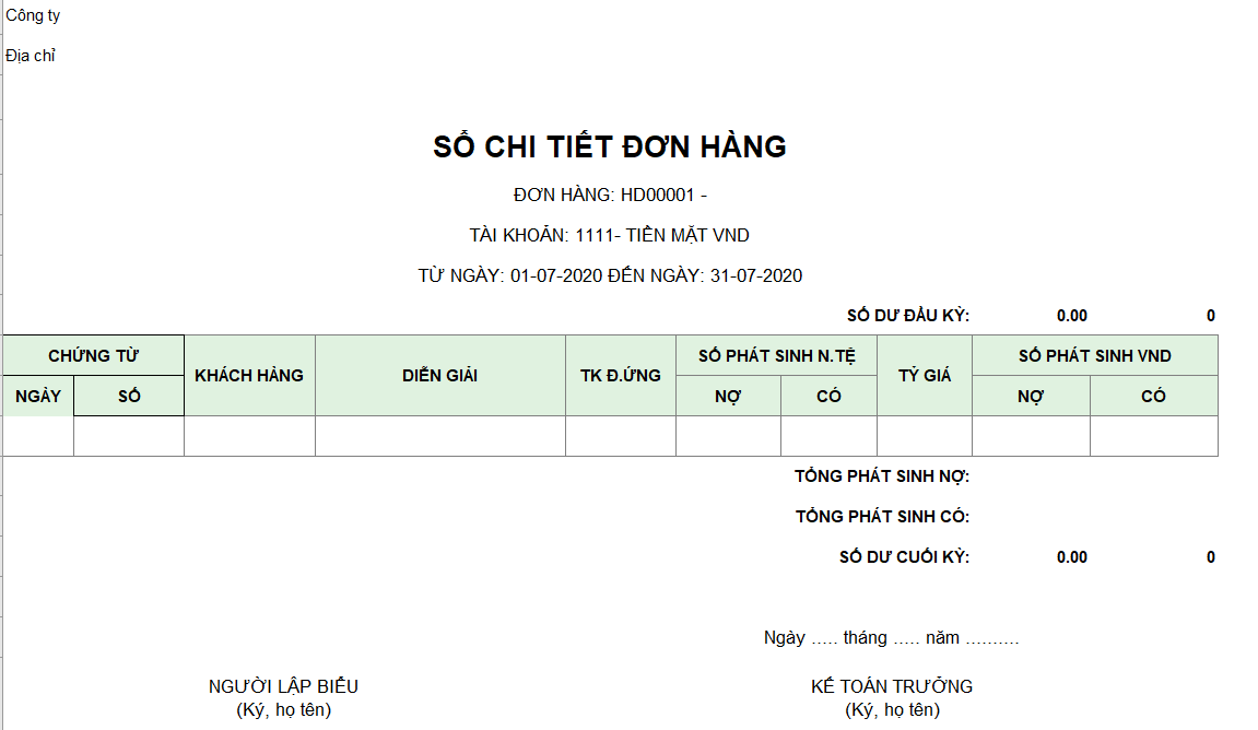 Mẫu sổ chi tiết đơn hàng ( Ngoại tệ)