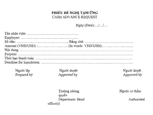 Mẫu phiếu đề nghị tạm ứng SONG NGỮ - CASH ADVANCE REQUEST