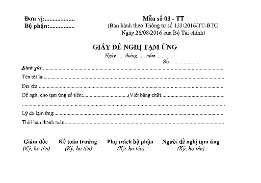 Mẫu giấy đề nghị tạm ứng theo TT133/2016/TT-BTC ngày 26/08/2016 của Bộ Tài chính