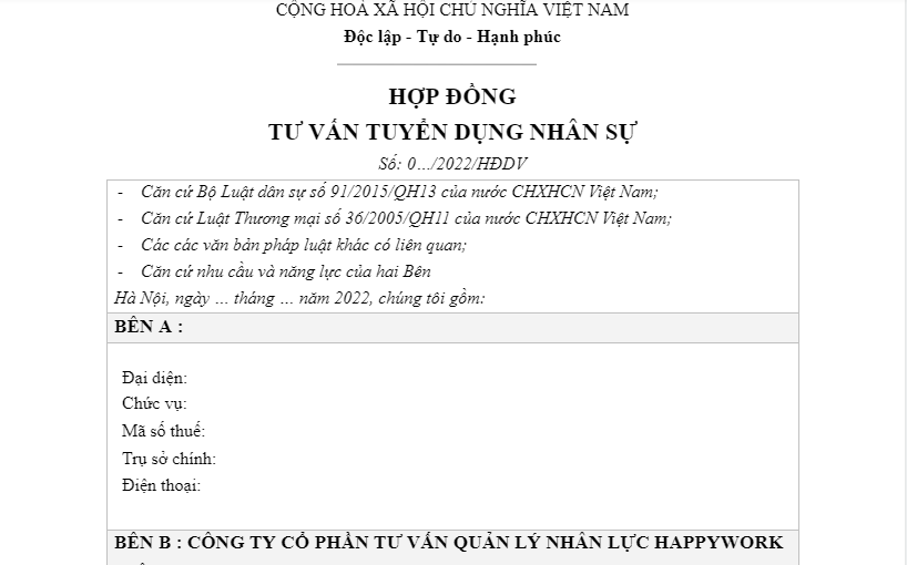 Mẫu hợp đồng dịch vụ tuyển dụng nhân sự kế toán (Headhunt)