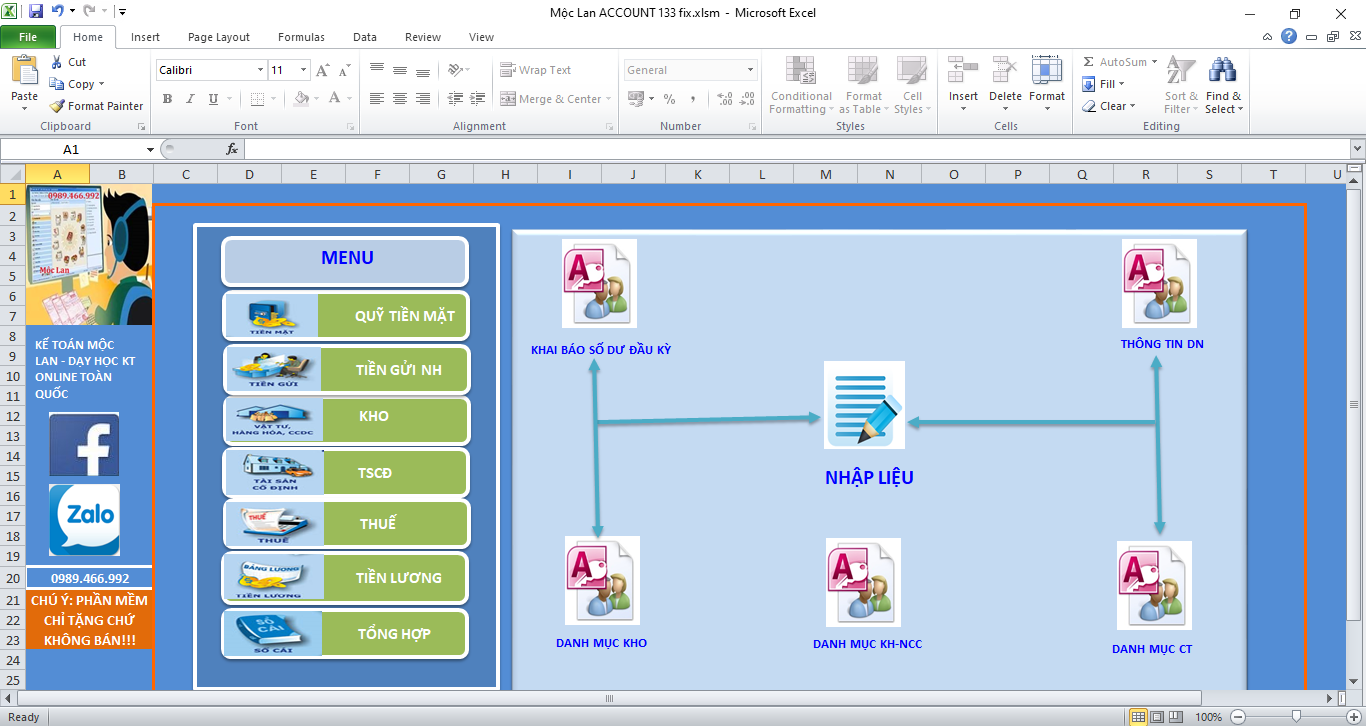 Phần mềm kế toán Excel miễn phí hoàn toàn, có thể tự sửa được tên công ty.