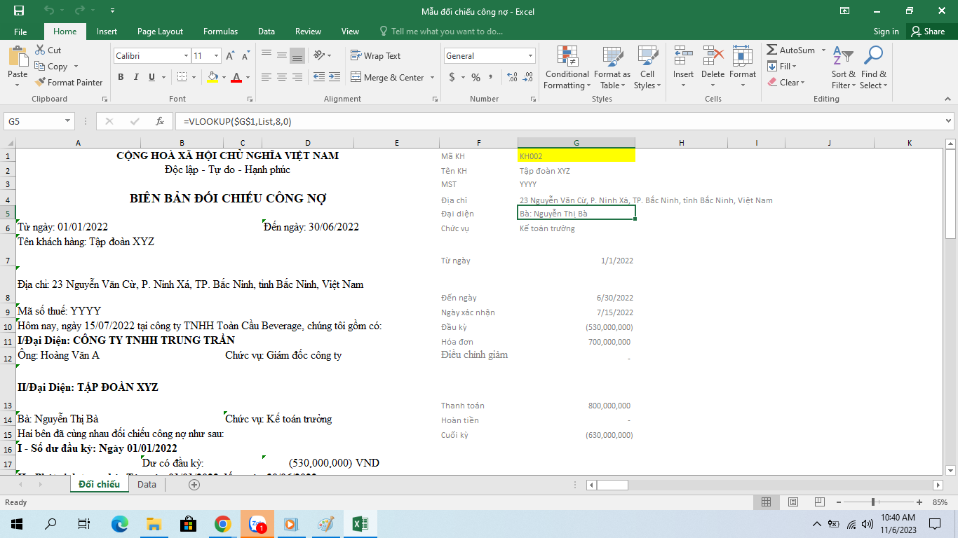 Mẫu Excel biên bản đối chiếu công nợ