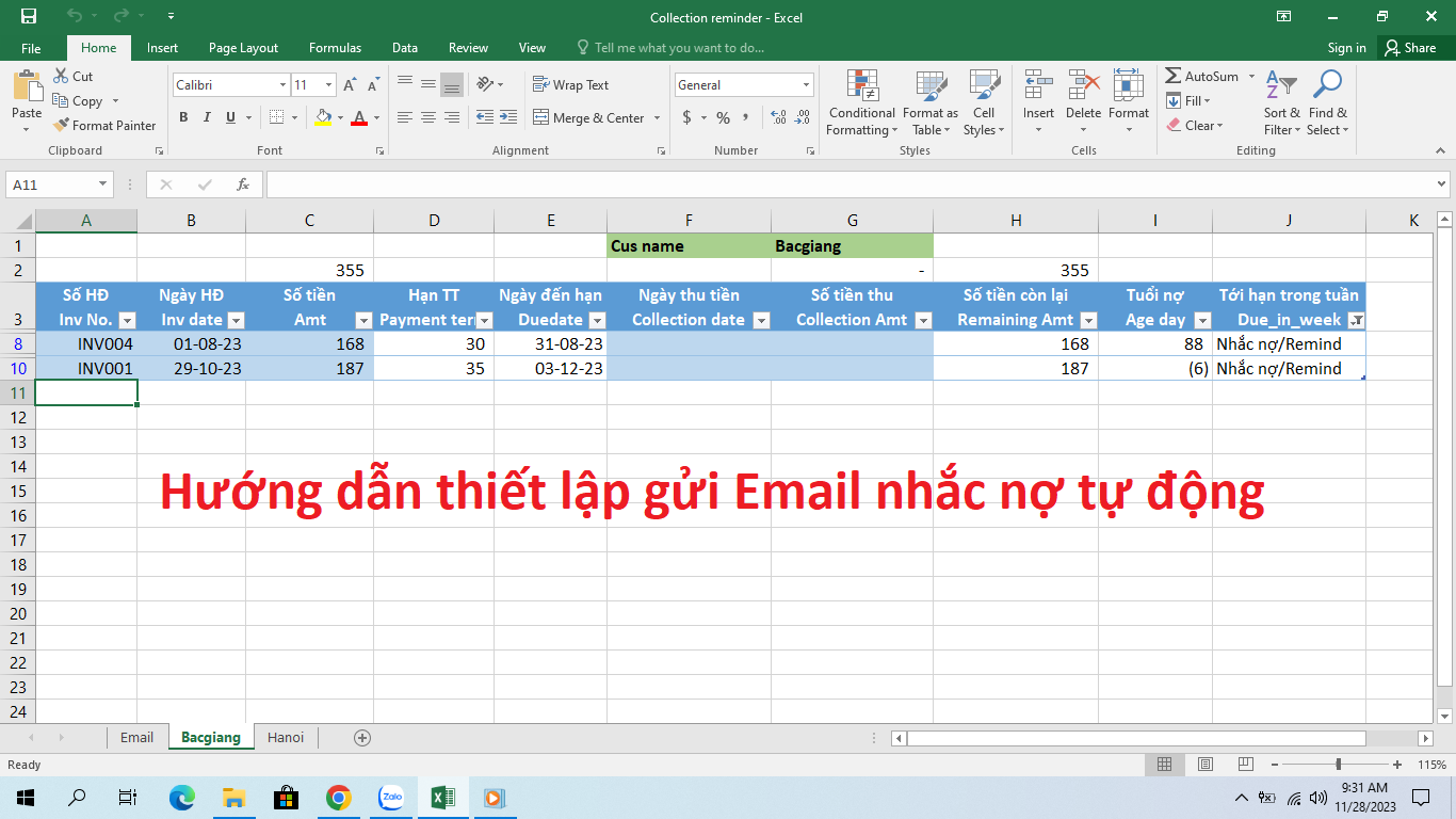 File mẫu Excel gửi thư nhắc nợ tự động