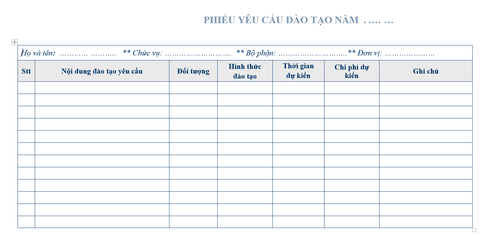 Quy trình bán hàng - Phiếu yêu cầu đào tạo năm